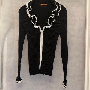 Belldini Black Ruffle-Trim Zip Front Women's Sweater